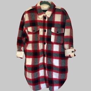 ANDREW MARC Red Black Plaid Long Jacket with Pockets Size L
